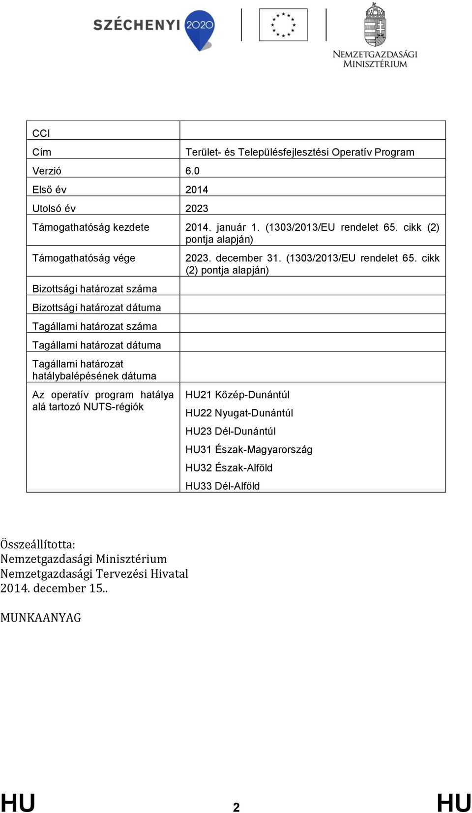 hatálybalépésének dátuma Az operatív program hatálya alá tartozó NUTS-régiók 2023. december 31. (1303/2013/EU rendelet 65.