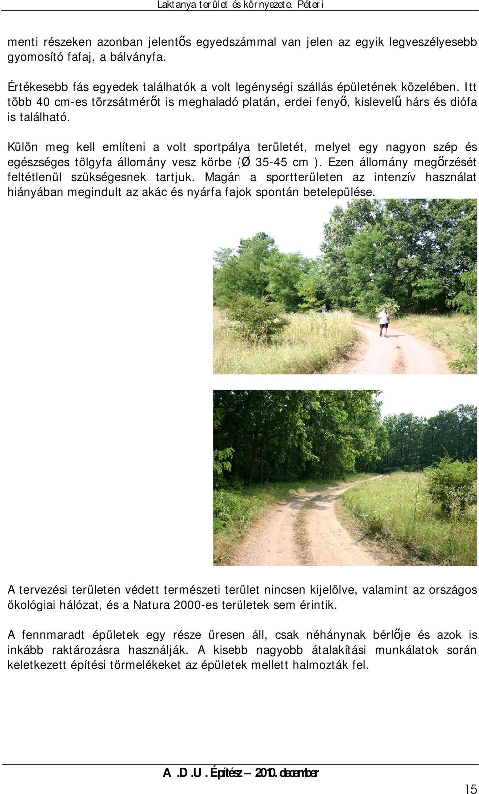 Külön meg kell említeni a volt sportpálya területét, melyet egy nagyon szép és egészséges tölgyfa állomány vesz körbe (Ø 35-45 cm ). Ezen állomány megőrzését feltétlenül szükségesnek tartjuk.