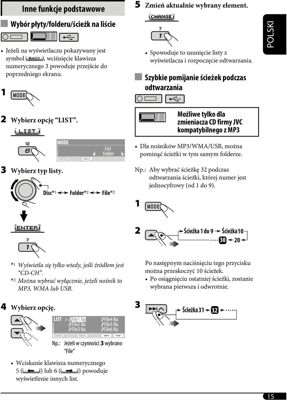 3 Wybierz typ listy. Możliwe tylko dla zmieniacza CD firmy JVC kompatybilnego z MP3 Dla nośników MP3/WMA/USB, można pominąć ścieżki w tym samym folderze. Np.