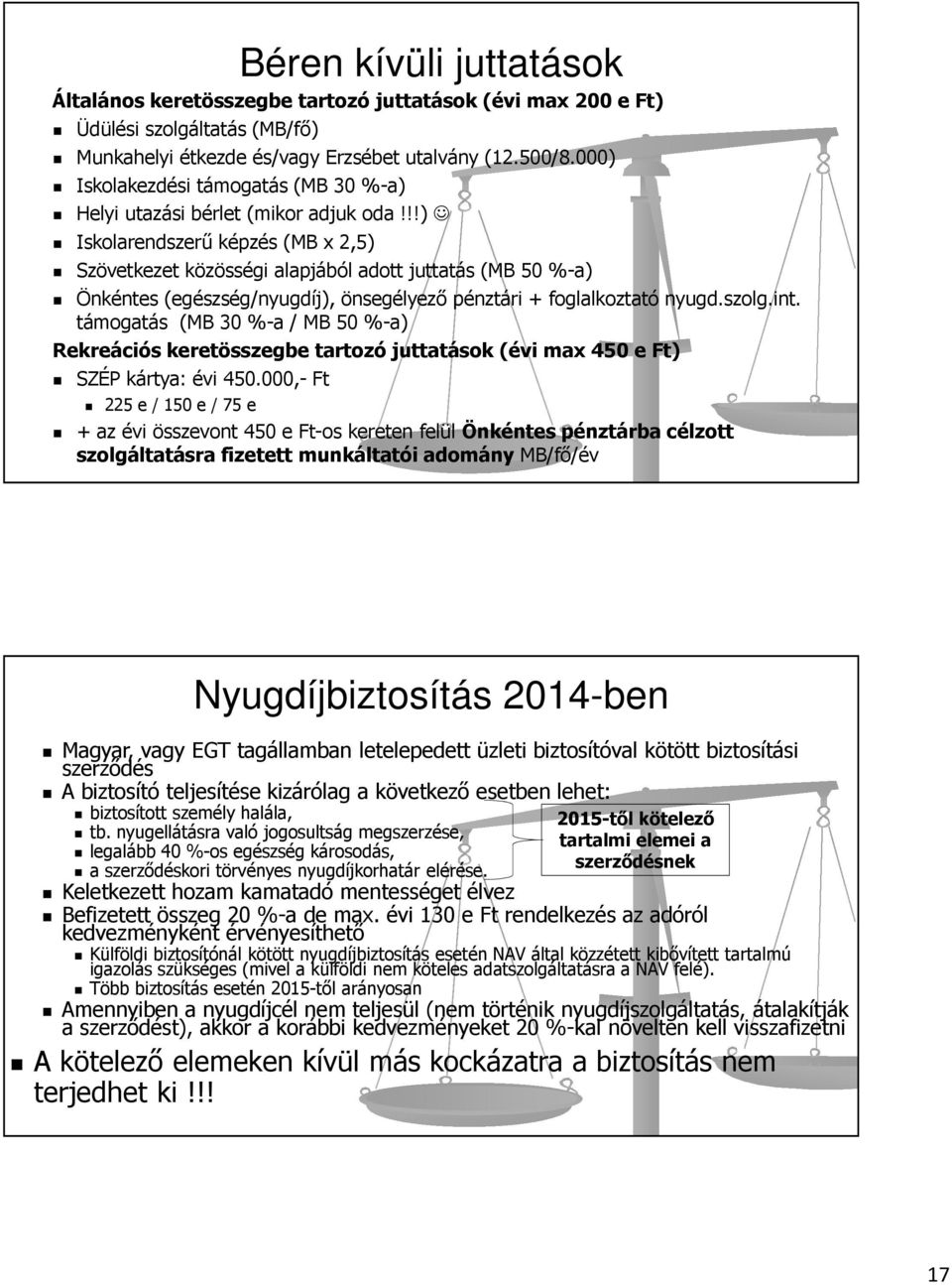 !!) Iskolarendszerű képzés (MB x 2,5) Szövetkezet közösségi alapjából adott juttatás (MB 50 %-a) Önkéntes (egészség/nyugdíj), önsegélyező pénztári + foglalkoztató nyugd.szolg.int.