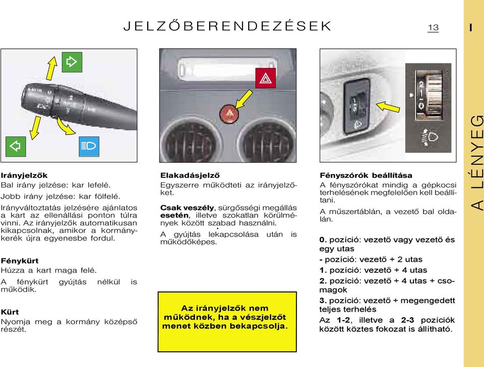 Elakadásjelzõ Egyszerre mûködteti az irányjelzõket. Csak veszély, sürgõsségi megállás esetén, illetve szokatlan körülmények között szabad. használni. A gyújtás lekapcsolása után is mûködõképes.