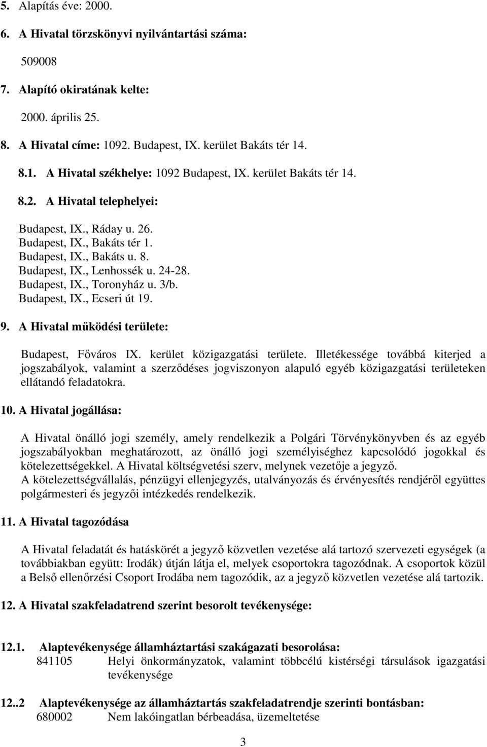 3/b. Budapest, IX., Ecseri út 19. 9. A Hivatal működési területe: Budapest, Főváros IX. kerület közigazgatási területe.