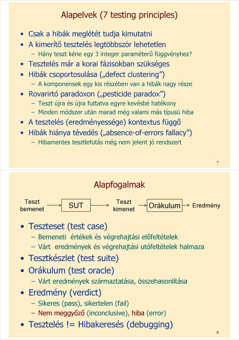 újra futtatva egyre kevésbé hatékony Minden módszer után marad még valami más típusú hiba A tesztelés (eredményessége) kontextus függő Hibák hiánya tévedés ( absence-of-errors fallacy ) Hibamentes