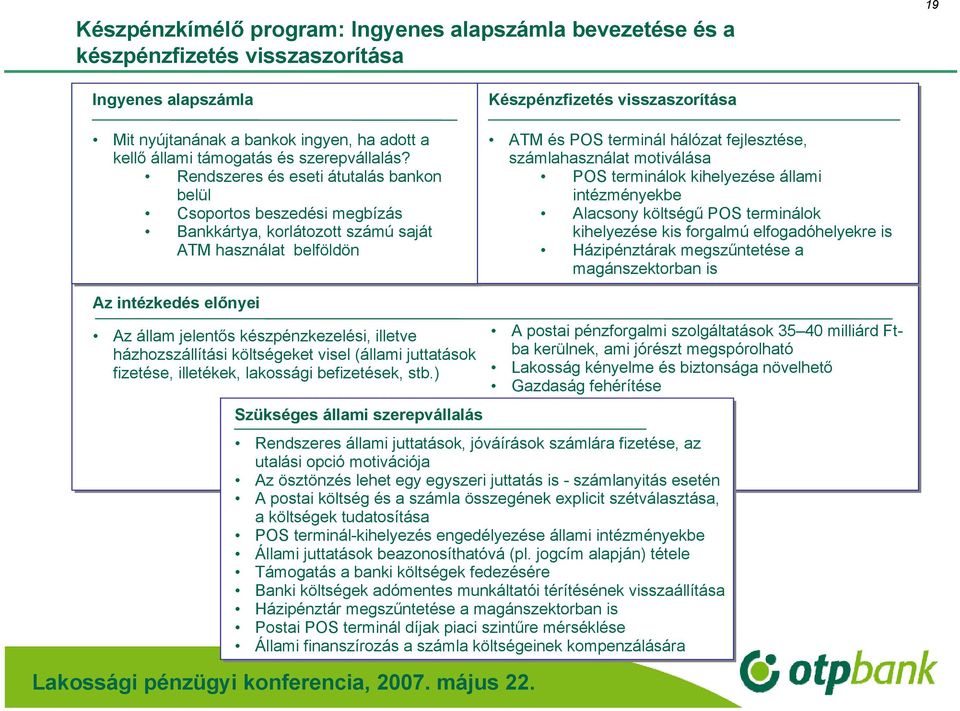 fejlesztése, számlahasználat motiválása POS terminálok kihelyezése állami intézményekbe Alacsony költségű POS terminálok kihelyezése kis forgalmú elfogadóhelyekre is Házipénztárak megszűntetése a