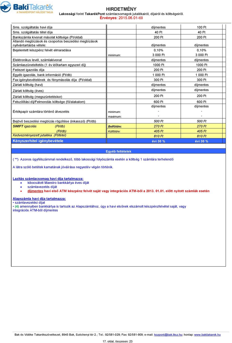 felvét elmaradása 0,10% 0,10% 3 000 Ft 3 000 Ft Elektronikus levél, számlakivonat Számlaszüneteltetés (1 év időtartam egyszeri díj) 1000 Ft 1000 Ft Fedezet igazolás díja 200 Ft 200 Ft Egyéb igazolás,