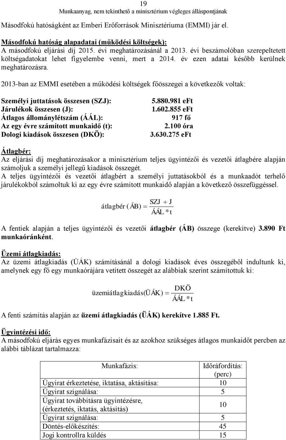 2013-ban az EMMI esetében a működési költségek főösszegei a következők voltak: Személyi juttatások összesen (SZJ): Járulékok összesen (J): Átlagos állománylétszám (ÁÁL): Az egy évre számított