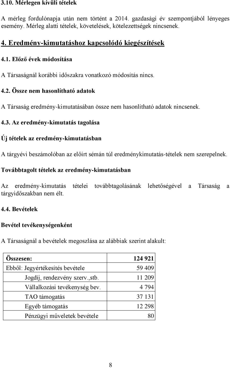 Össze nem hasonlítható adatok A Társaság eredmény-kimutatásában össze nem hasonlítható adatok nincsenek. 4.3.