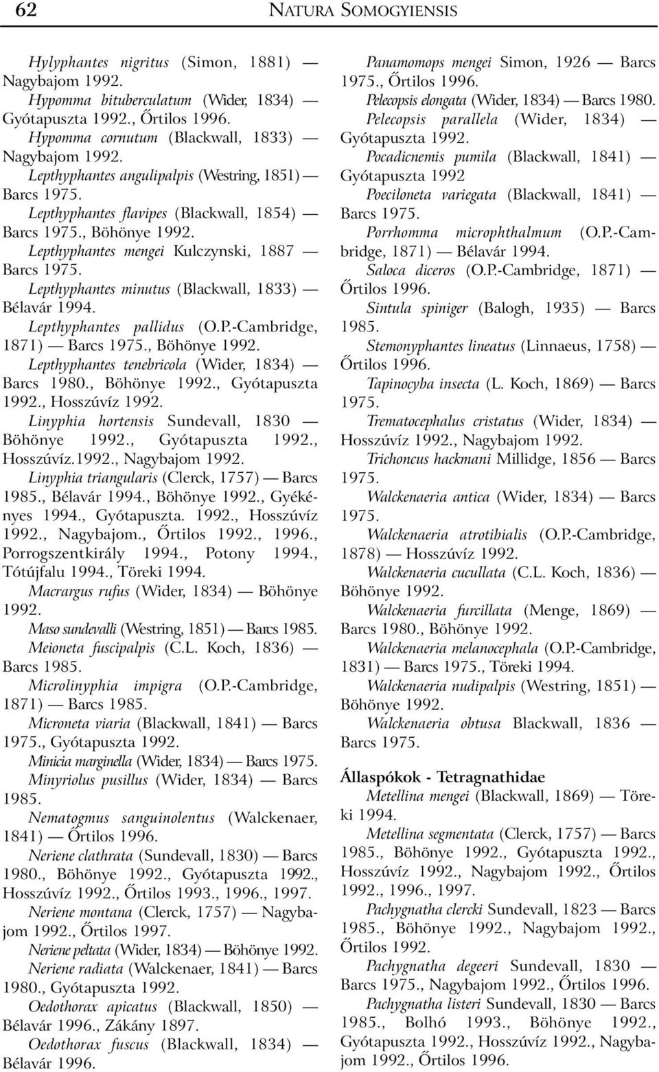 Lepthyphantes minutus (Blackwall, 1833) Bélavár Lepthyphantes pallidus (O.P.-Cambridge, 1871) Barcs, Böhönye Lepthyphantes tenebricola (Wider, 1834) Barcs 1980.