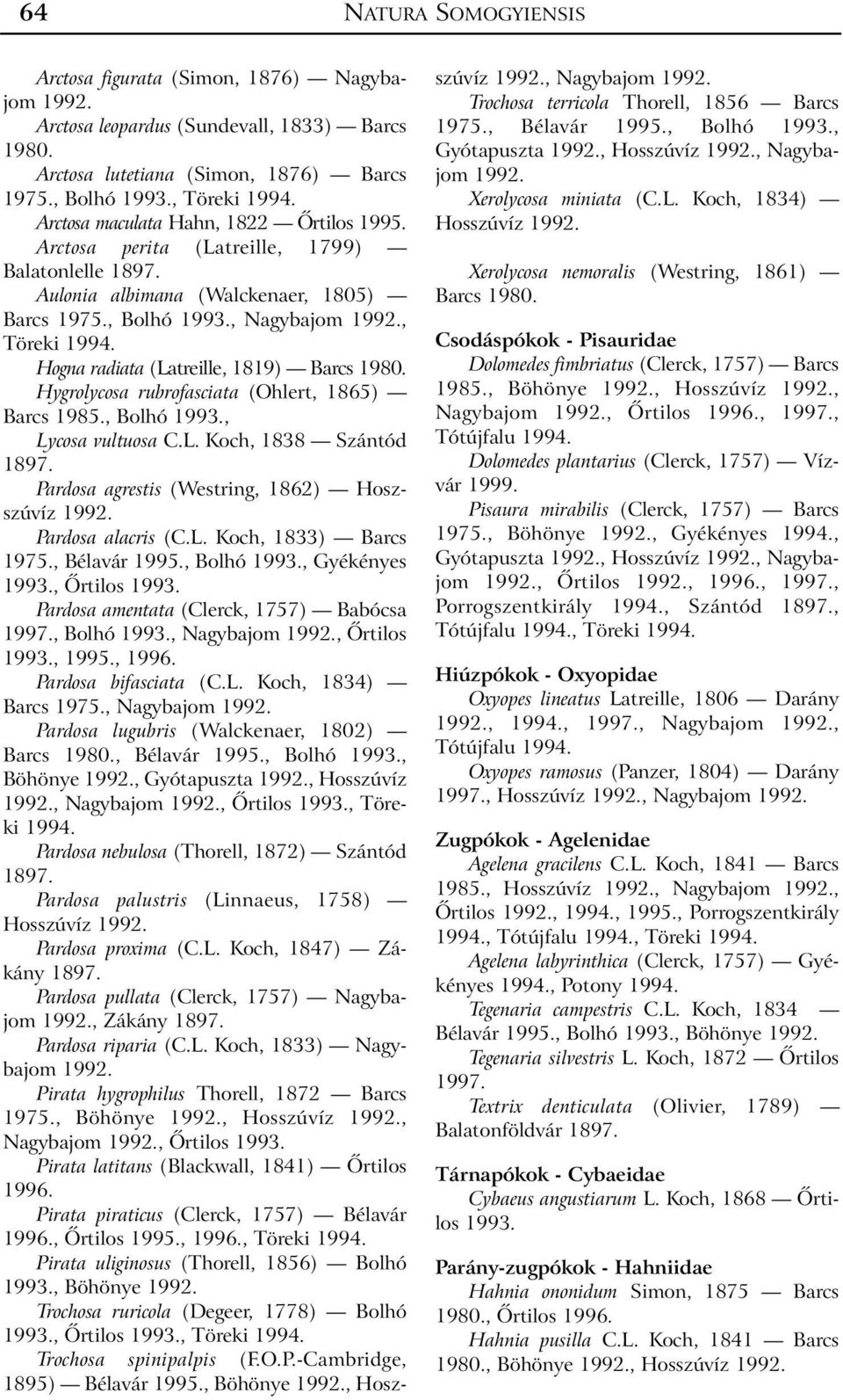 , Nagybajom, Töreki Hogna radiata (Latreille, 1819) Barcs 1980. Hygrolycosa rubrofasciata (Ohlert, 1865) Barcs 1985., Bolhó 1993., Lycosa vultuosa C.L. Koch, 1838 Szántód Pardosa agrestis (Westring, 1862) Hoszszúvíz Pardosa alacris (C.