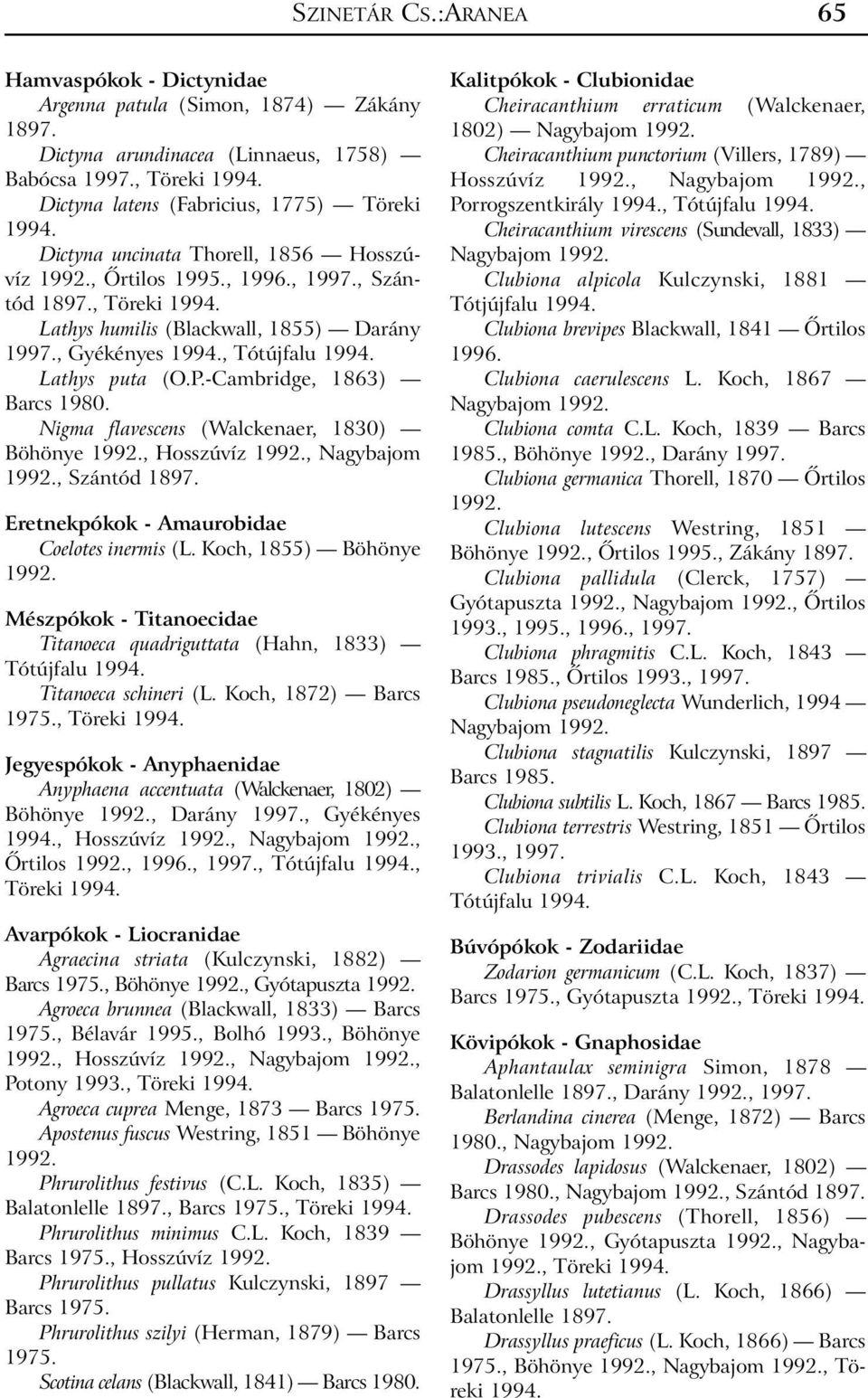 , Gyékényes, Tótújfalu Lathys puta (O.P.-Cambridge, 1863) Barcs 1980. Nigma flavescens (Walckenaer, 1830) Böhönye, Hosszúvíz, Nagybajom, Szántód Eretnekpókok - Amaurobidae Coelotes inermis (L.