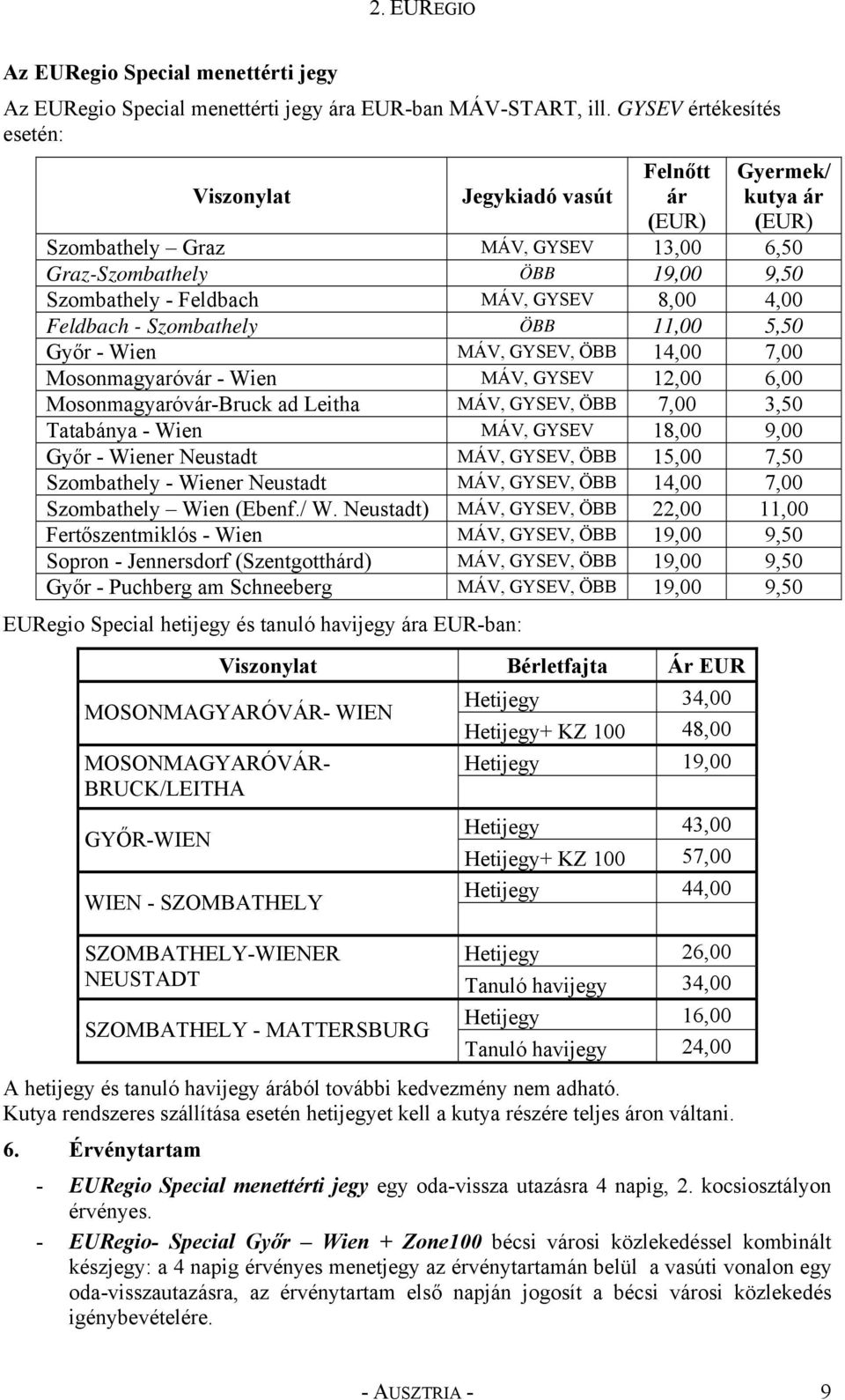 8,00 4,00 Feldbach - Szombathely ÖBB 11,00 5,50 Győr - Wien MÁV, GYSEV, ÖBB 14,00 7,00 Mosonmagyaróvár - Wien MÁV, GYSEV 12,00 6,00 Mosonmagyaróvár-Bruck ad Leitha MÁV, GYSEV, ÖBB 7,00 3,50 Tatabánya