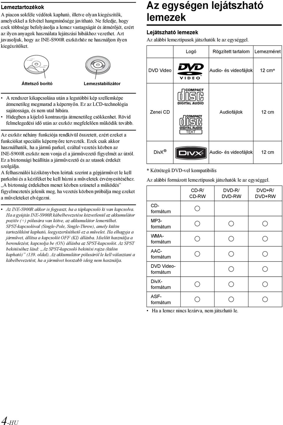 Azt javasoljuk, hogy az INE-S900R eszközhöz ne használjon ilyen kiegészítőket. Az egységen lejátszható lemezek Lejátszható lemezek Az alábbi lemeztípusok játszhatók le az egységgel.