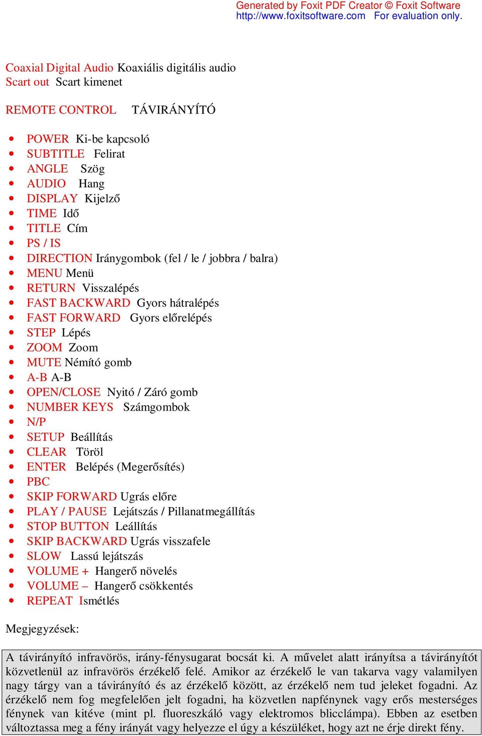 Nyitó / Záró gomb NUMBER KEYS Számgombok N/P SETUP Beállítás CLEAR Töröl ENTER Belépés (Megerősítés) PBC SKIP FORWARD Ugrás előre PLAY / PAUSE Lejátszás / Pillanatmegállítás STOP BUTTON Leállítás