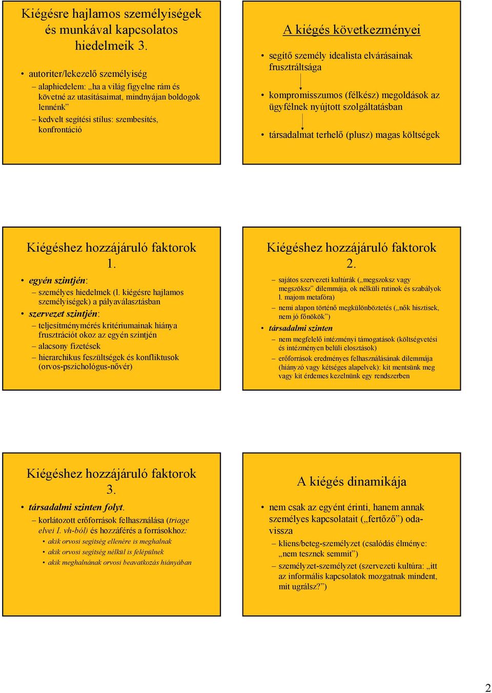 következményei segítő személy idealista elvárásainak frusztráltsága kompromisszumos (félkész) megoldások az ügyfélnek nyújtott szolgáltatásban társadalmat terhelő (plusz) magas költségek 1.