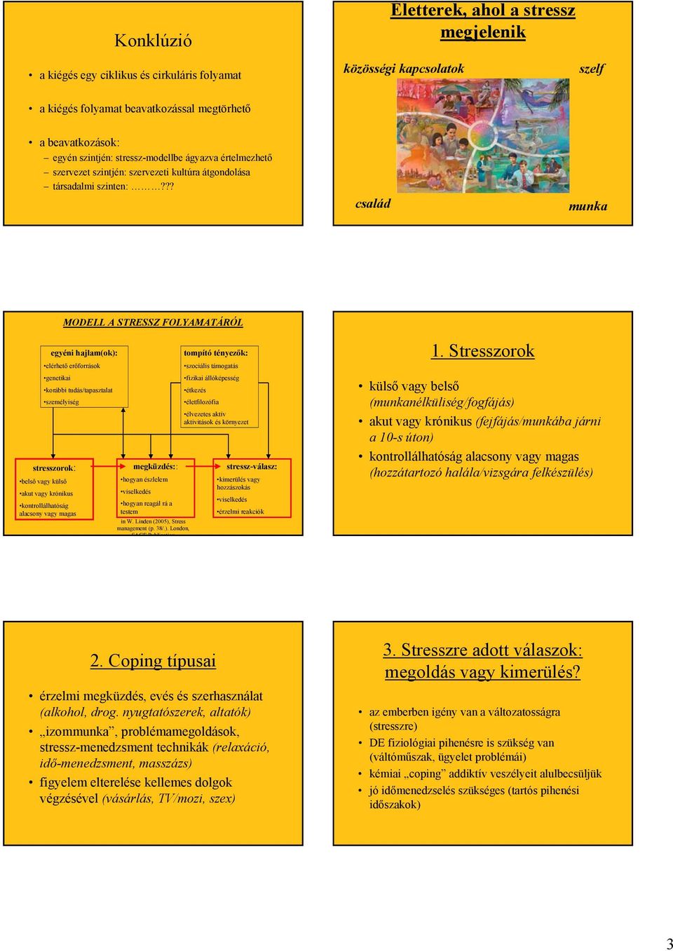 ?? család munka MODELL A STRESSZ FOLYAMATÁRÓL egyéni hajlam(ok): elérhető erőforrások genetikai korábbi tudás/tapasztalat személyiség stresszorok: belső vagy külső akut vagy krónikus