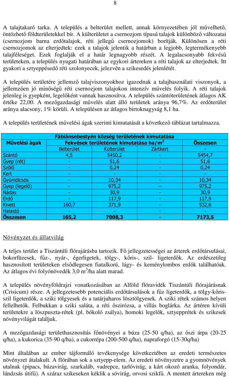 Különösen a réti csernozjomok az elterjedtek: ezek a talajok jelentik a határban a legjobb, legtermékenyebb talajféleséget. Ezek foglalják el a határ legnagyobb részét.