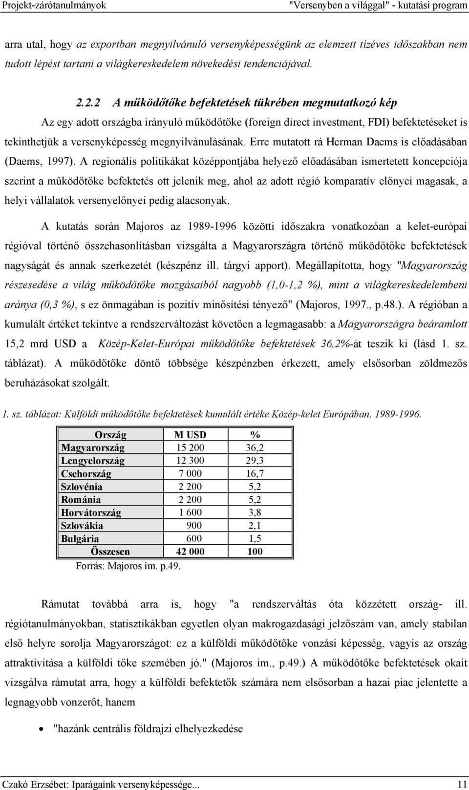 2.2 A működőtőke befektetések tükrében megmutatkozó kép Az egy adott országba irányuló működőtőke (foreign direct investment, FDI) befektetéseket is tekinthetjük a versenyképesség megnyilvánulásának.