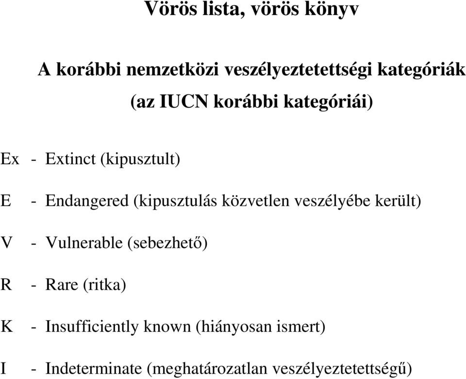 közvetlen veszélyébe került) V - Vulnerable (sebezhetı) R - Rare (ritka) K I -