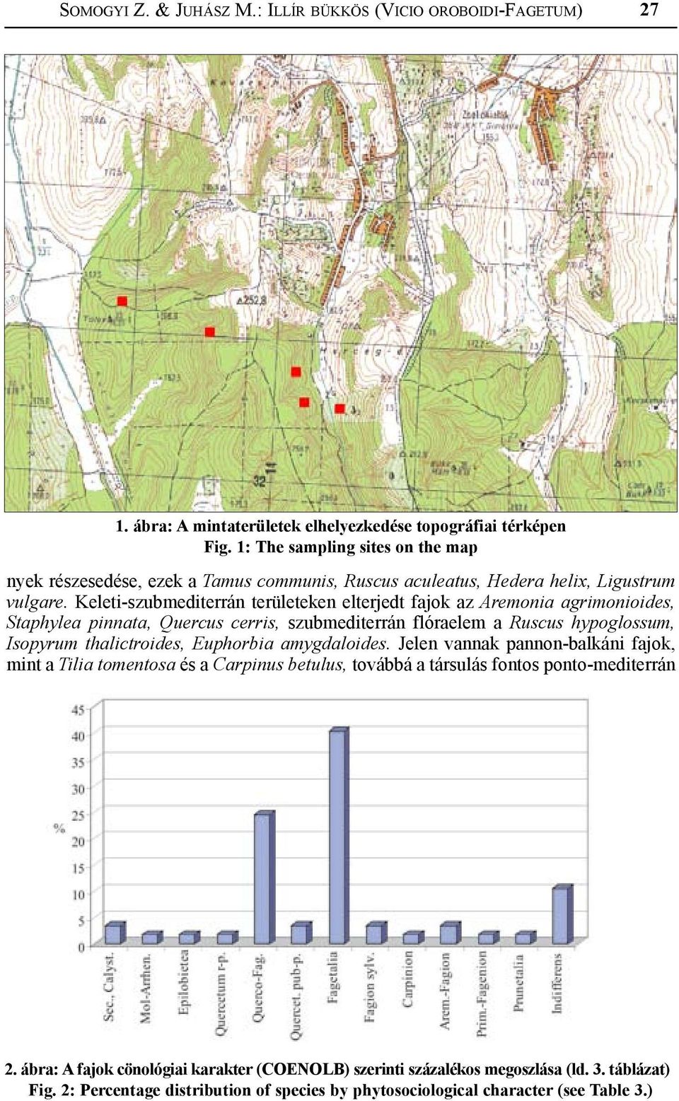 Keleti-szubmediterrán területeken elterjedt fajok az Aremonia agrimonioides, Staphylea pinnata, Quercus cerris, szubmediterrán flóraelem a Ruscus hypoglossum, Isopyrum thalictroides, Euphorbia