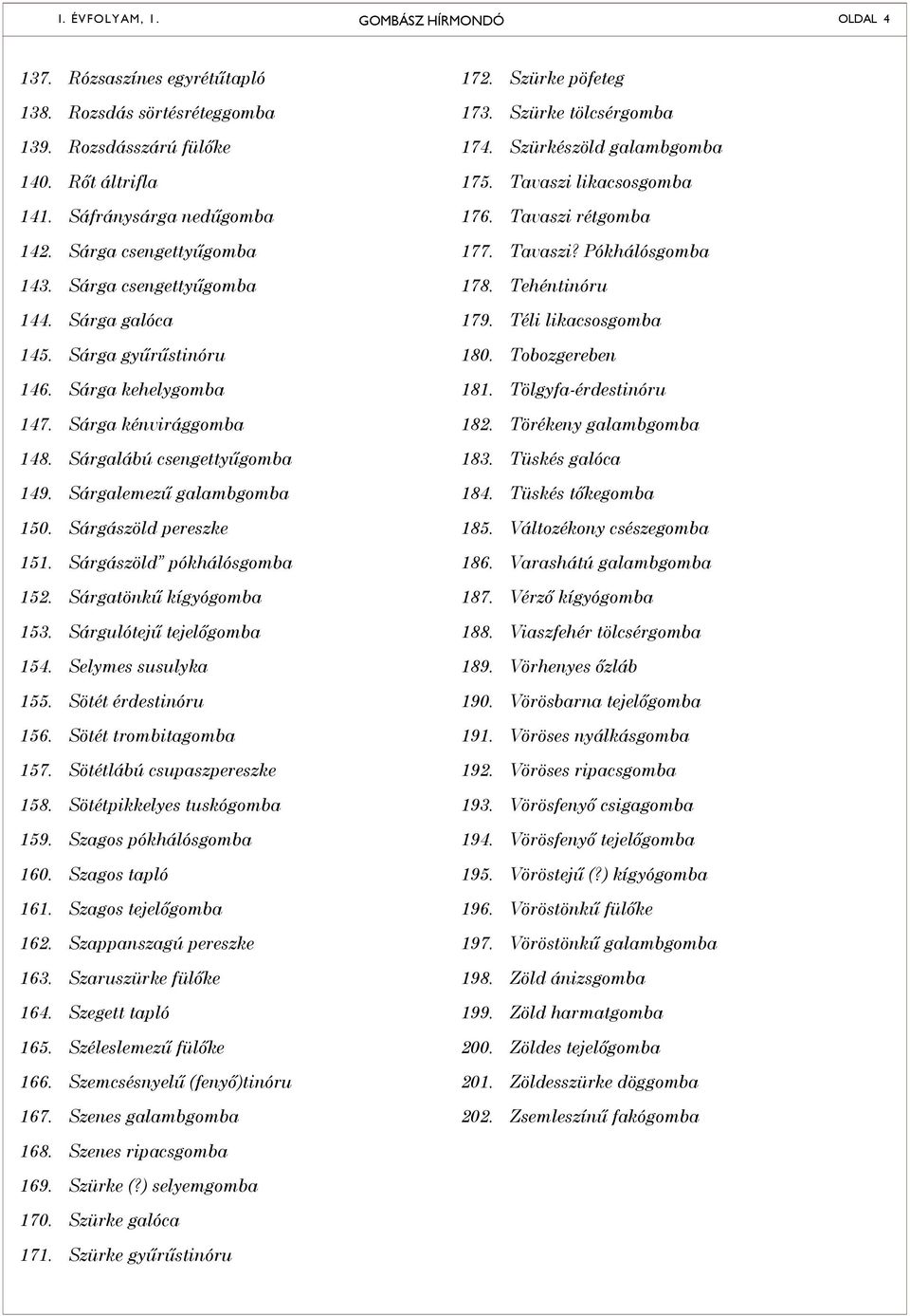 Sárgászöld pereszke 151. Sárgászöld pókhálósgomba 152. Sárgatönkű kígyógomba 153. Sárgulótejű tejelőgomba 154. Selymes susulyka 155. Sötét érdestinóru 156. Sötét trombitagomba 157.