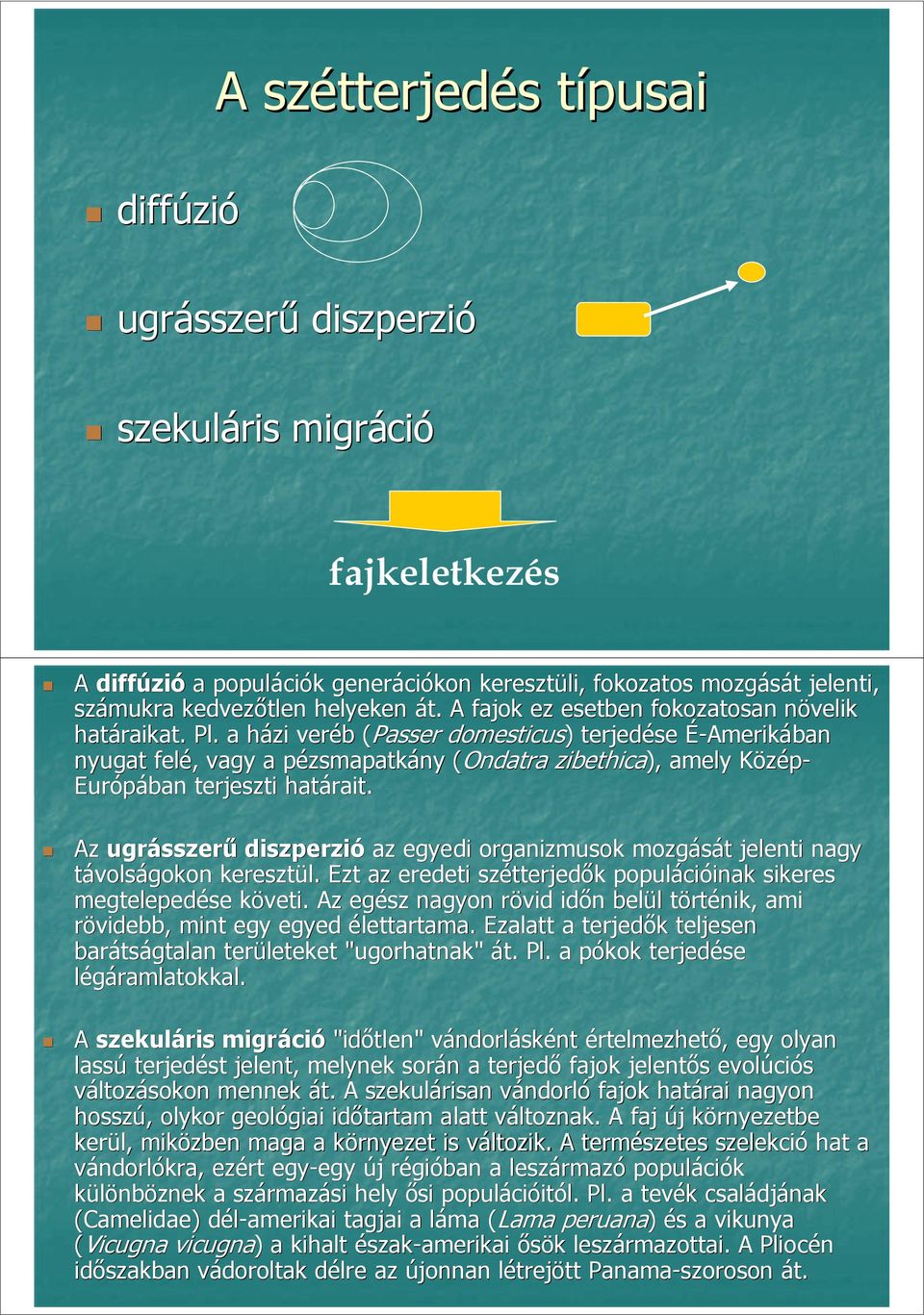 a házi veréb ( (Passer Passer domesticus) ) terjedése É-Amerikában É nyugat felé, vagy a pézsmapatkány ( (Ondatra zibethica), amely Közép- Európában terjeszti határait.