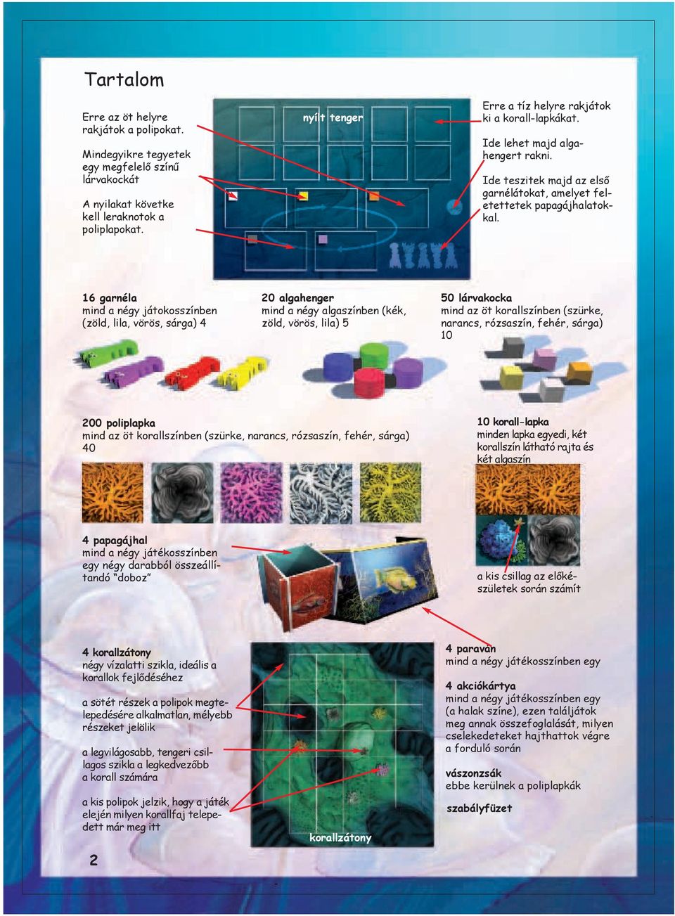 16 garnéla mind a négy játokosszínben (zöld, lila, vörös, sárga) 4 20 algahenger mind a négy algaszínben (kék, zöld, vörös, lila) 5 50 lárvakocka mind az öt korallszínben (szürke, narancs, rózsaszín,