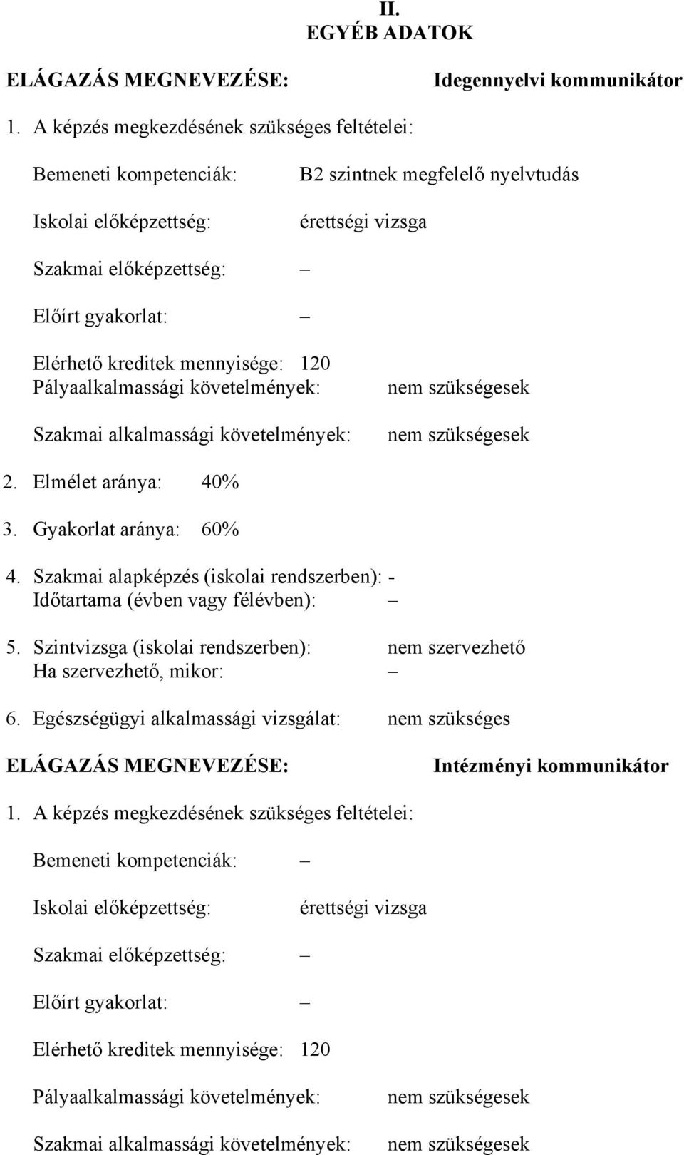 mennyisége: 120 Pályaalkalmassági követelmények: Szakmai alkalmassági követelmények: nem szükségesek nem szükségesek 2. Elmélet aránya: 40% 3. Gyakorlat aránya: 60% 4.