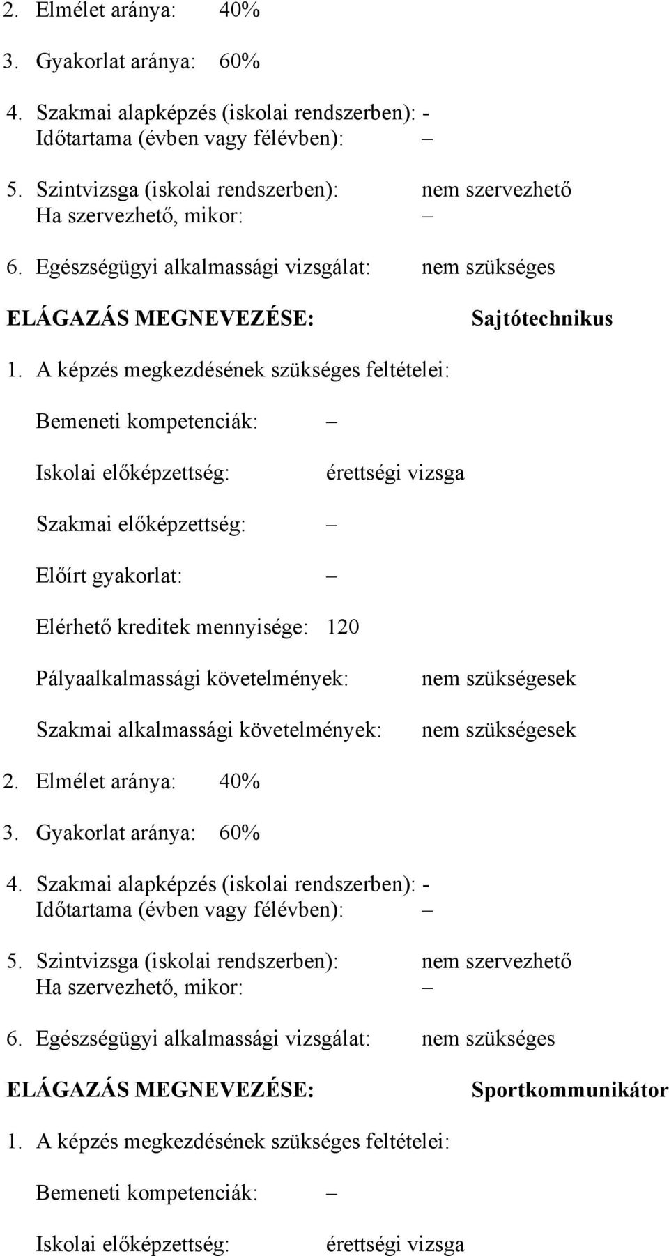 A képzés megkezdésének szükséges feltételei: Bemeneti kompetenciák: Iskolai előképzettség: érettségi vizsga Szakmai előképzettség: Előírt gyakorlat: Elérhető kreditek mennyisége: 120