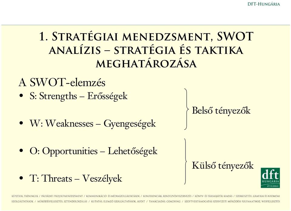 Erősségek W: Weaknesses Gyengeségek Belső tényezők O: