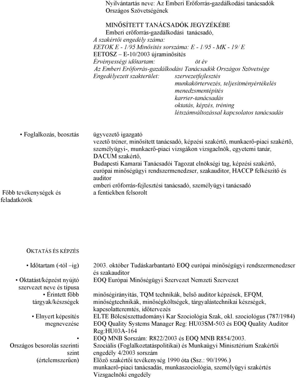 szervezetfejlesztés munkakörtervezés, teljesítményértékelés menedzsmentépítés karrier-tanácsadás oktatás, képzés, tréning létszámváltozással kapcsolatos tanácsadás Foglalkozás, beosztás Főbb