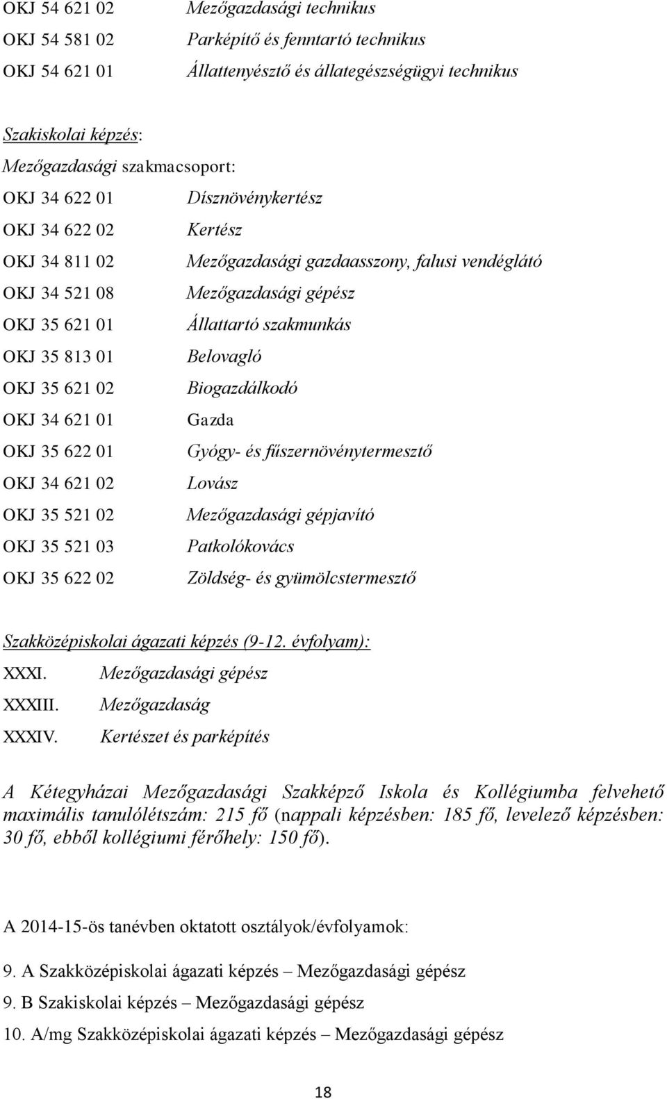 Belovagló OKJ 35 621 02 Biogazdálkodó OKJ 34 621 01 Gazda OKJ 35 622 01 Gyógy- és fűszernövénytermesztő OKJ 34 621 02 Lovász OKJ 35 521 02 Mezőgazdasági gépjavító OKJ 35 521 03 Patkolókovács OKJ 35