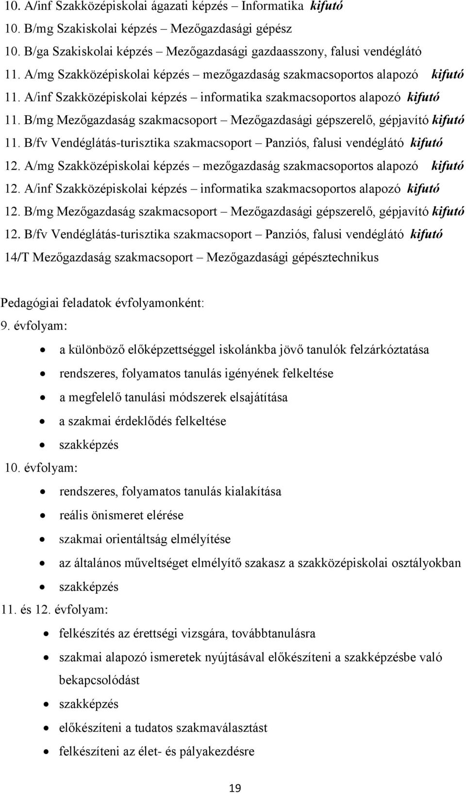 B/mg Mezőgazdaság szakmacsoport Mezőgazdasági gépszerelő, gépjavító kifutó 11. B/fv Vendéglátás-turisztika szakmacsoport Panziós, falusi vendéglátó kifutó 12.