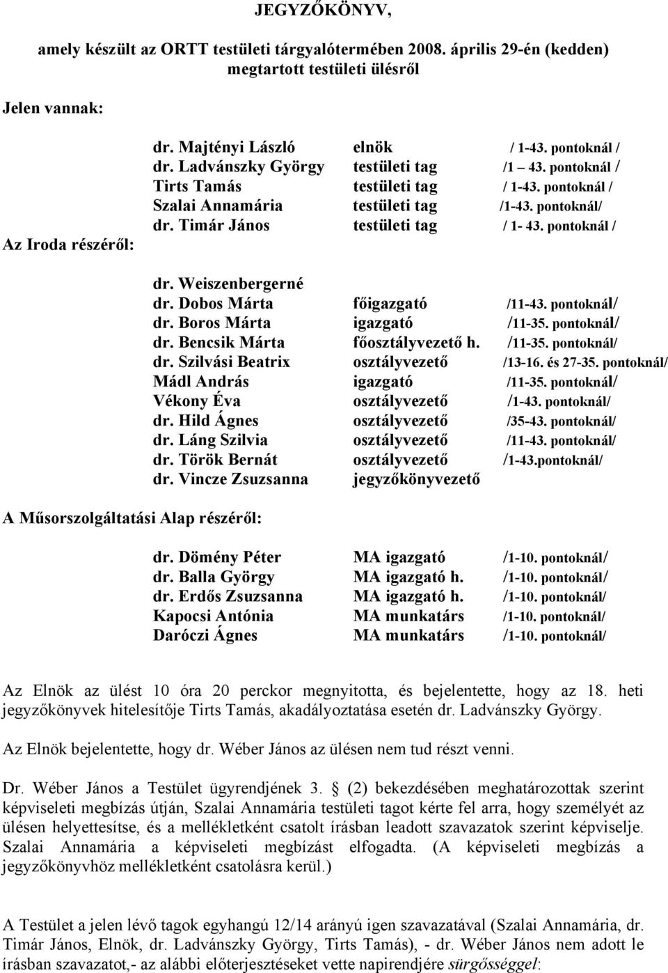 pontoknál / A Műsorszolgáltatási Alap részéről: dr. Weiszenbergerné dr. Dobos Márta főigazgató /11-43. pontoknál/ dr. Boros Márta igazgató /11-35. pontoknál/ dr. Bencsik Márta főosztályvezető h.