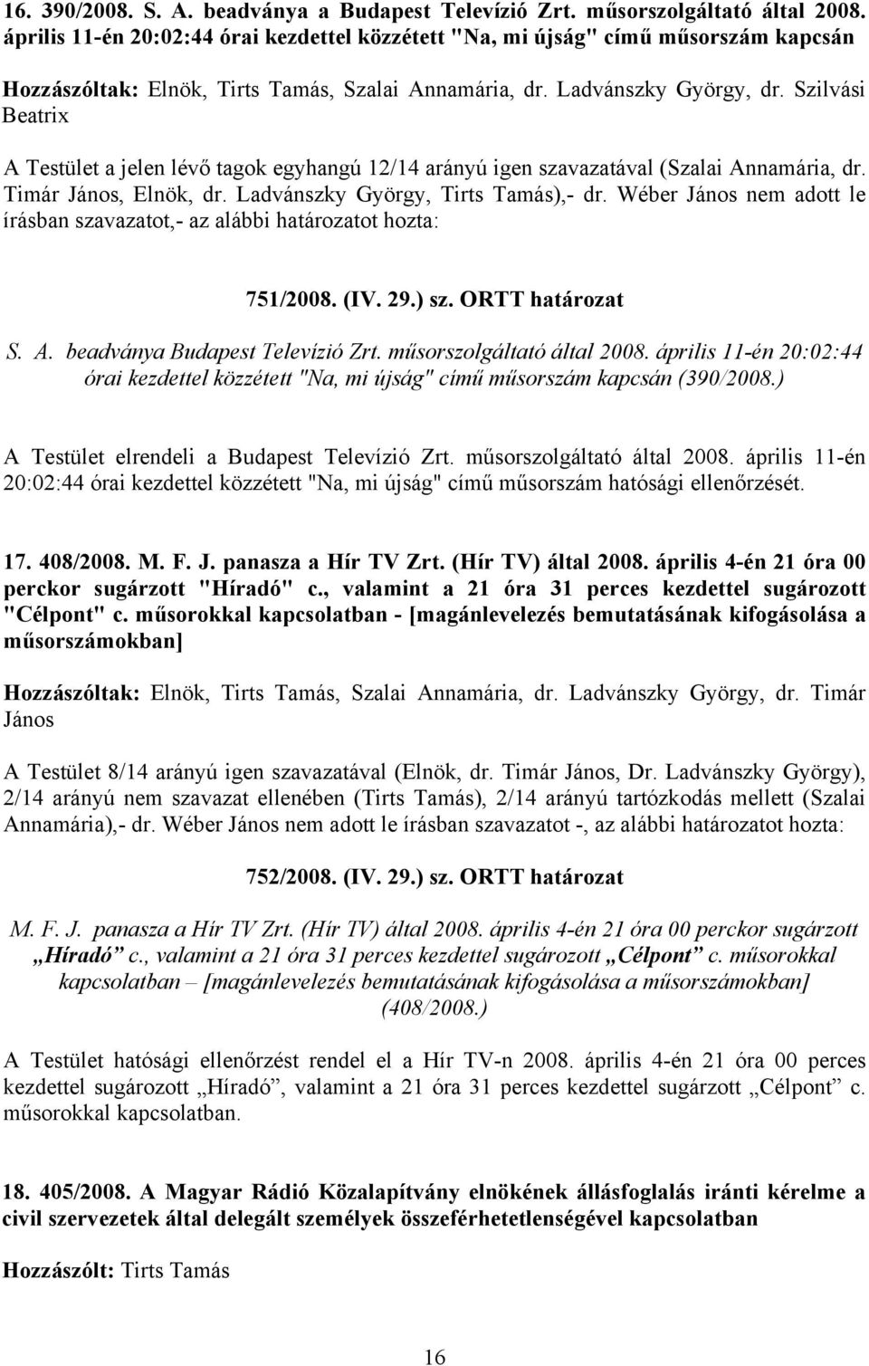 Szilvási Beatrix A Testület a jelen lévő tagok egyhangú 12/14 arányú igen szavazatával (Szalai Annamária, dr. Timár János, Elnök, dr. Ladvánszky György, Tirts Tamás),- dr.