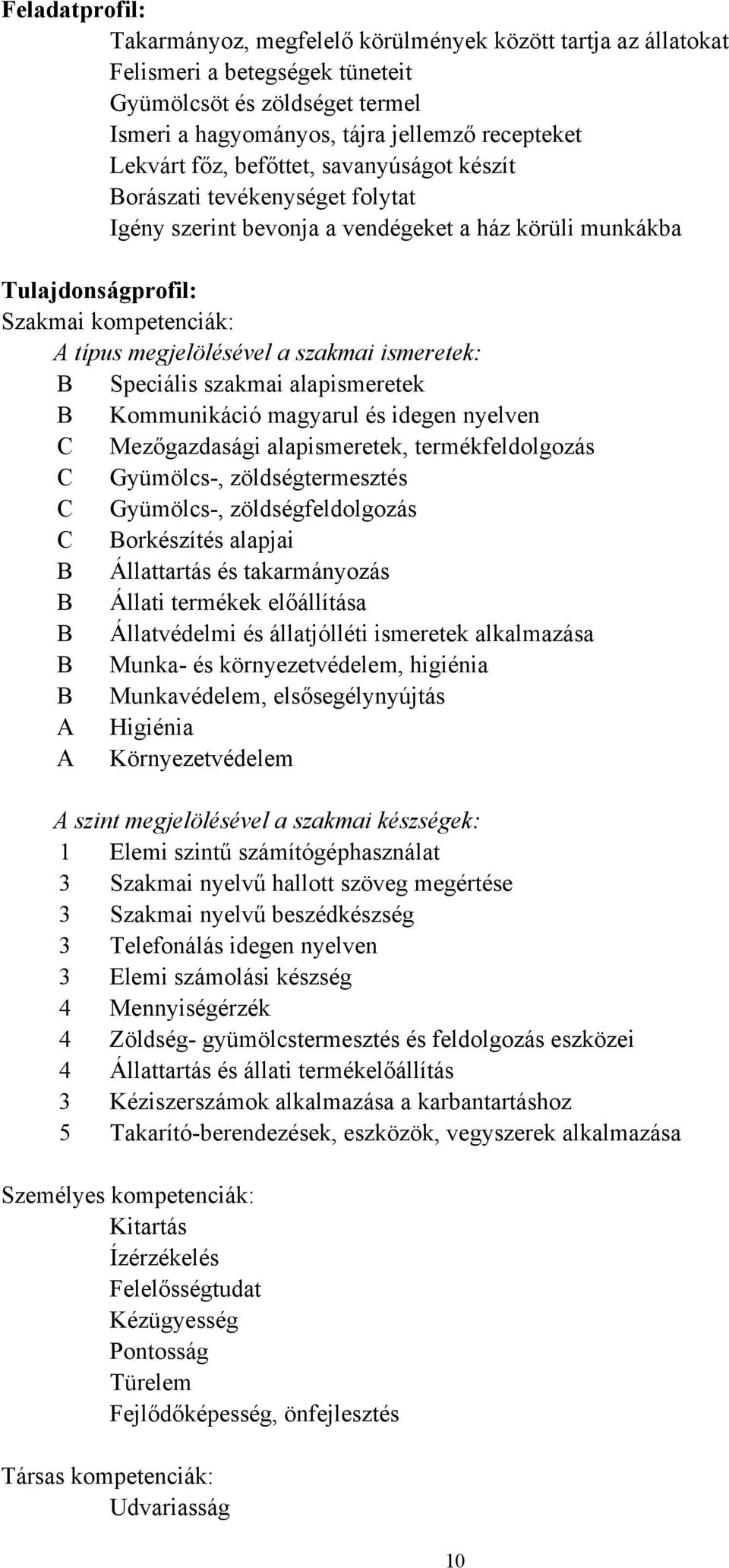 ismeretek: B Speciális szakmai alapismeretek B Kommunikáció magyarul és idegen nyelven C Mezőgazdasági alapismeretek, termékfeldolgozás C Gyümölcs-, zöldségtermesztés C Gyümölcs-, zöldségfeldolgozás