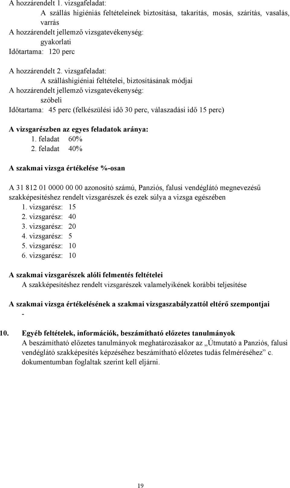 vizsgafeladat: A szálláshigiéniai feltételei, biztosításának módjai A hozzárendelt jellemző vizsgatevékenység: szóbeli Időtartama: 45 perc (felkészülési idő 30 perc, válaszadási idő 15 perc) A