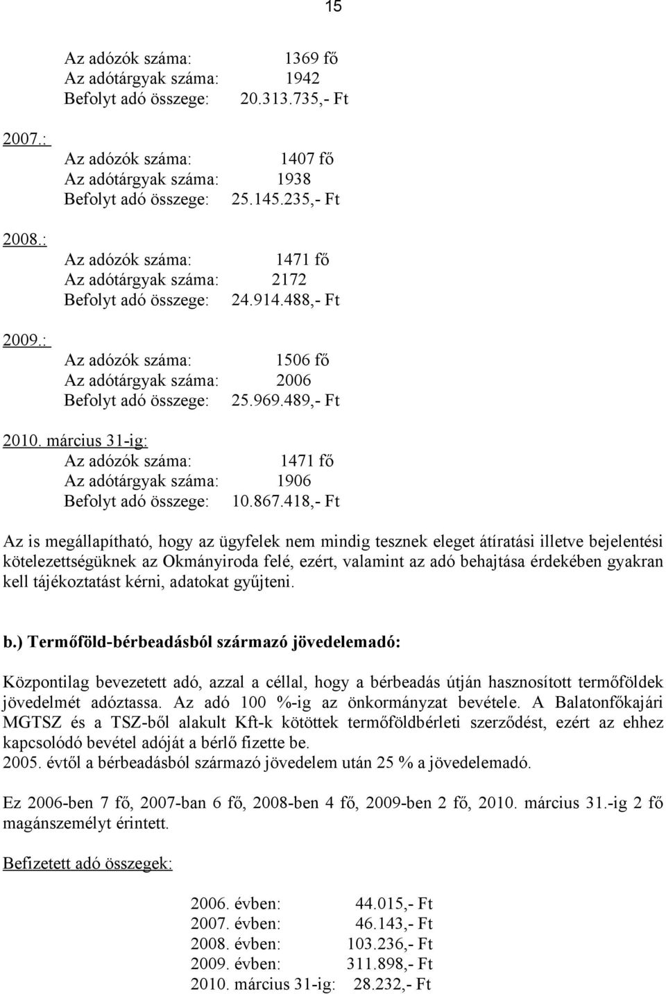 március 31-ig: Az adózók száma: 1471 fő Az adótárgyak száma: 1906 Befolyt adó összege: 10.867.