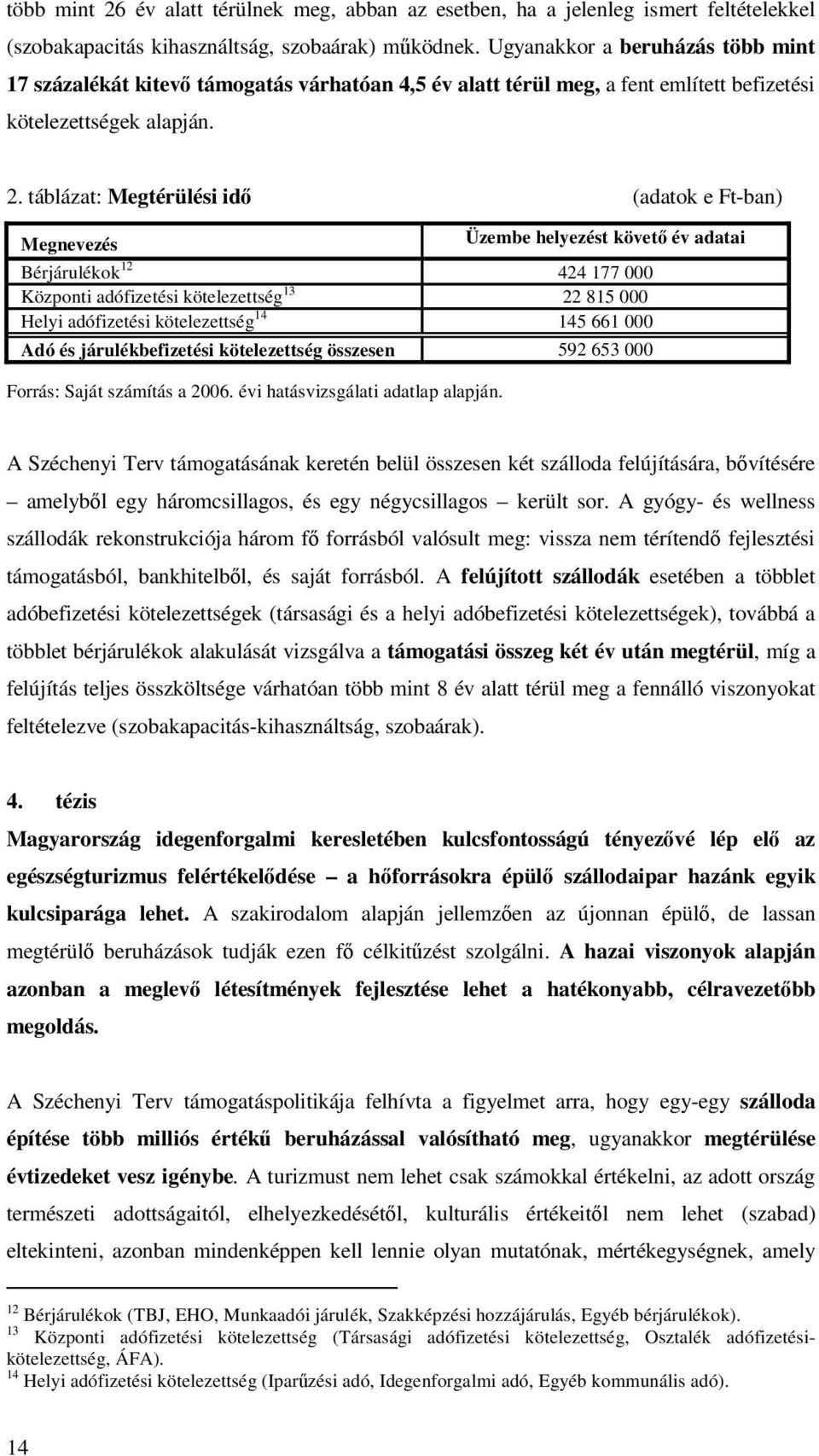 táblázat: Megtérülési idı (adatok e Ft-ban) Megnevezés Üzembe helyezést követı év adatai Bérjárulékok 12 424 177 000 Központi adófizetési kötelezettség 13 22 815 000 Helyi adófizetési kötelezettség