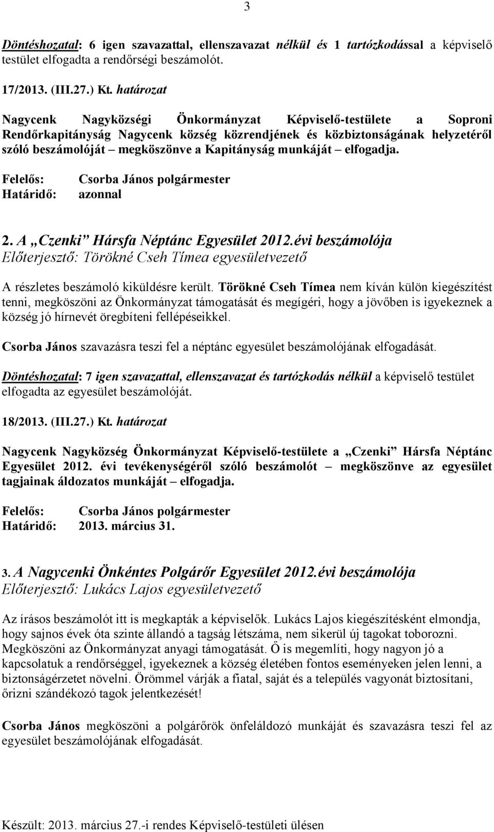 munkáját elfogadja. Felelős: Határidő: Csorba János polgármester azonnal 2. A Czenki Hársfa Néptánc Egyesület 2012.