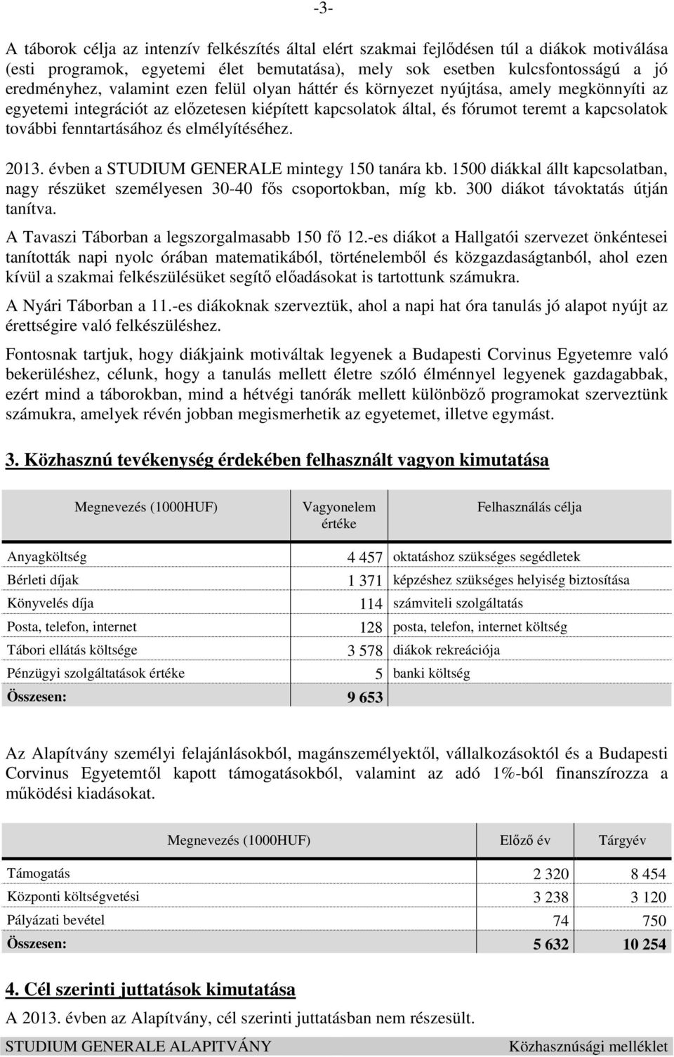 elmélyítéséhez. 2013. évben a STUDIUM GENERALE mintegy 150 tanára kb. 1500 diákkal állt kapcsolatban, nagy részüket személyesen 30-40 fős csoportokban, míg kb. 300 diákot távoktatás útján tanítva.