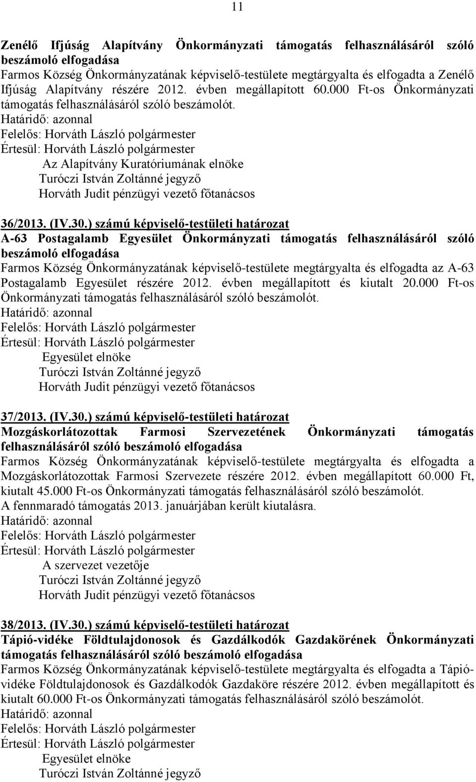 ) számú képviselő-testületi határozat A-63 Postagalamb Egyesület Önkormányzati támogatás felhasználásáról szóló beszámoló elfogadása Farmos Község Önkormányzatának képviselő-testülete megtárgyalta és