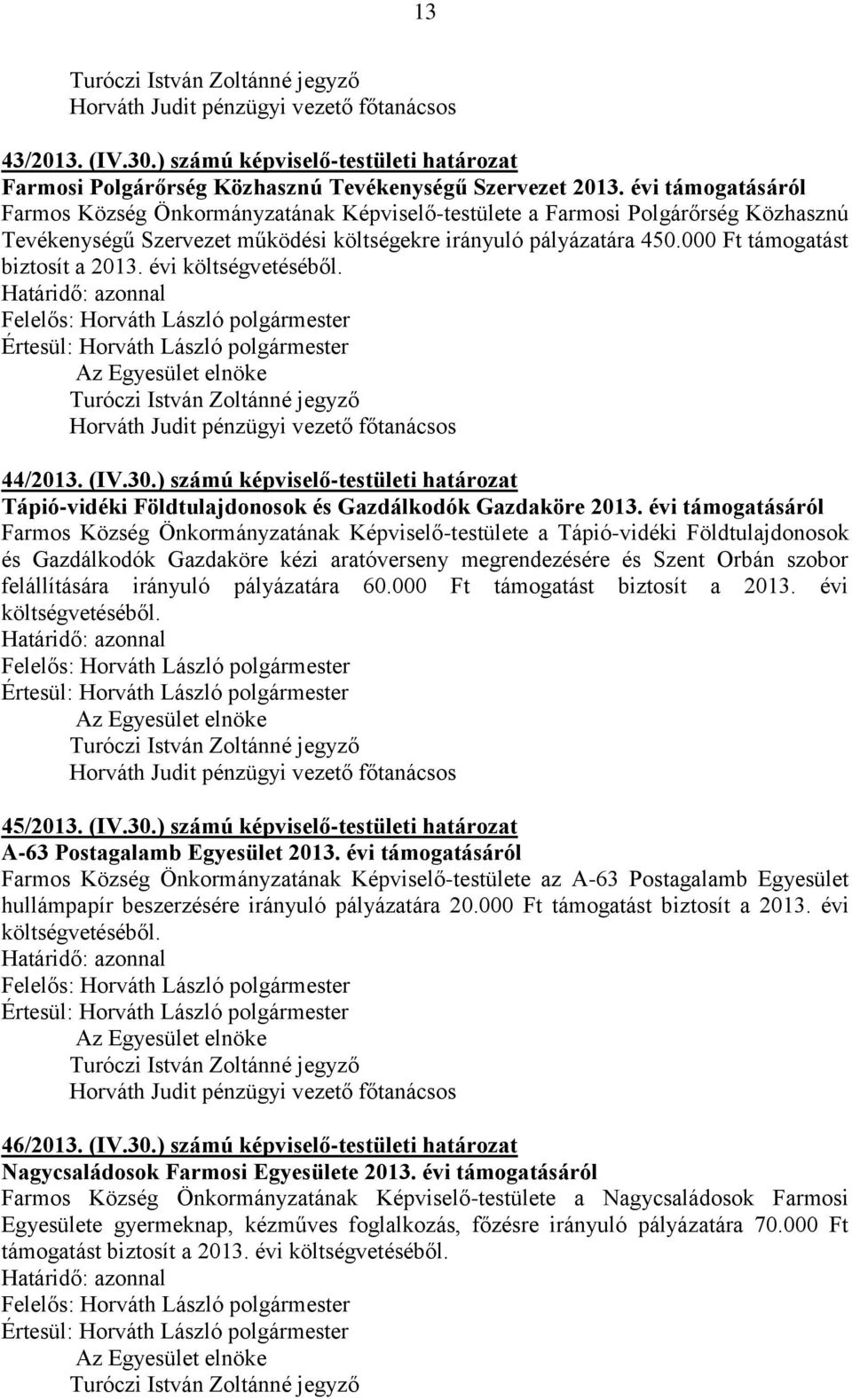 000 Ft támogatást biztosít a 2013. évi költségvetéséből. Az Egyesület elnöke 44/2013. (IV.30.) számú képviselő-testületi határozat Tápió-vidéki Földtulajdonosok és Gazdálkodók Gazdaköre 2013.