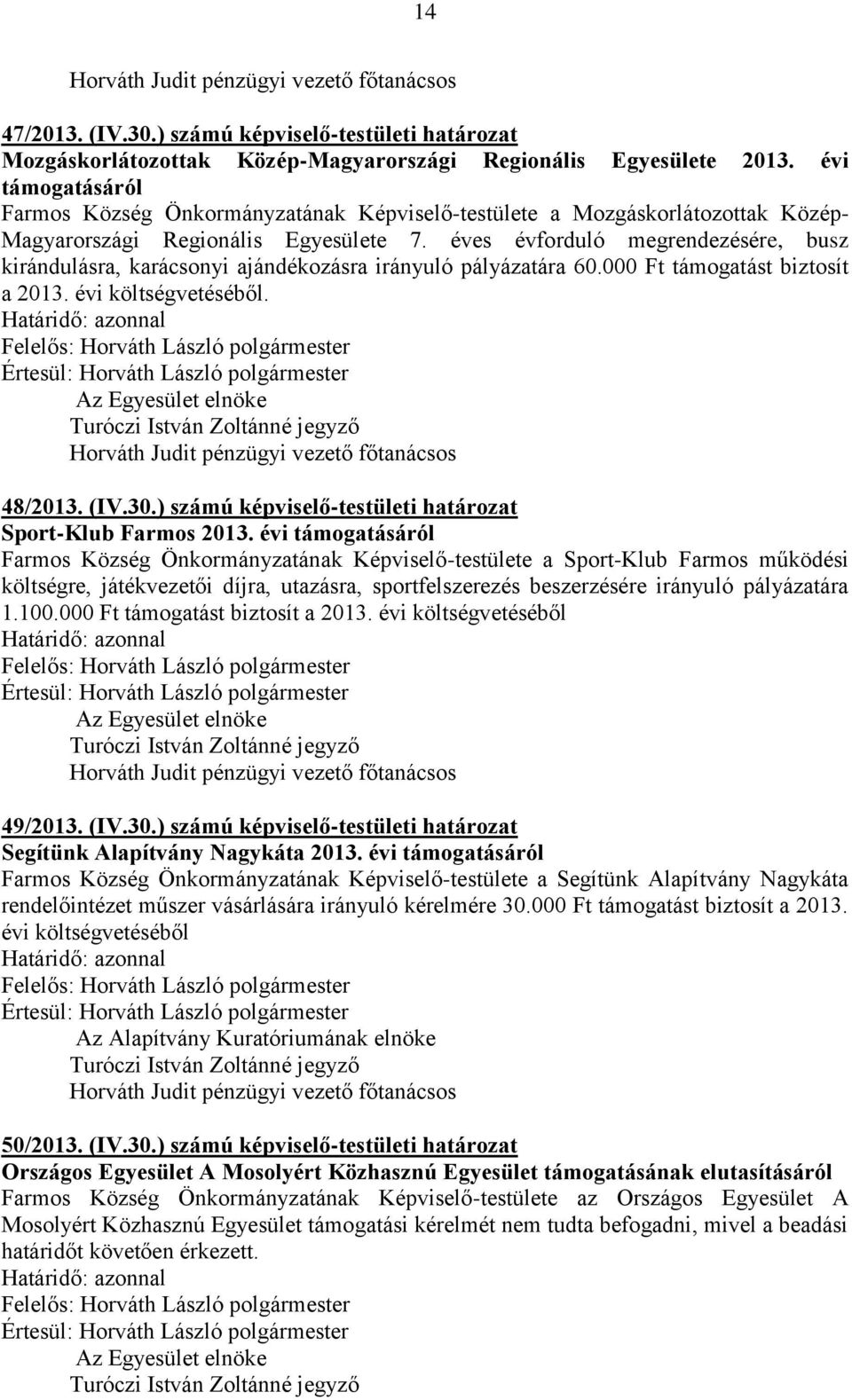 éves évforduló megrendezésére, busz kirándulásra, karácsonyi ajándékozásra irányuló pályázatára 60.000 Ft támogatást biztosít a 2013. évi költségvetéséből. Az Egyesület elnöke 48/2013. (IV.30.