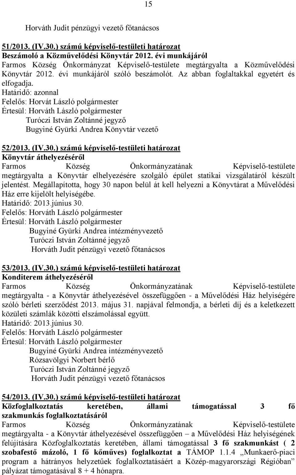 Felelős: Horvát László polgármester Bugyiné Gyürki Andrea Könyvtár vezető 52/2013. (IV.30.