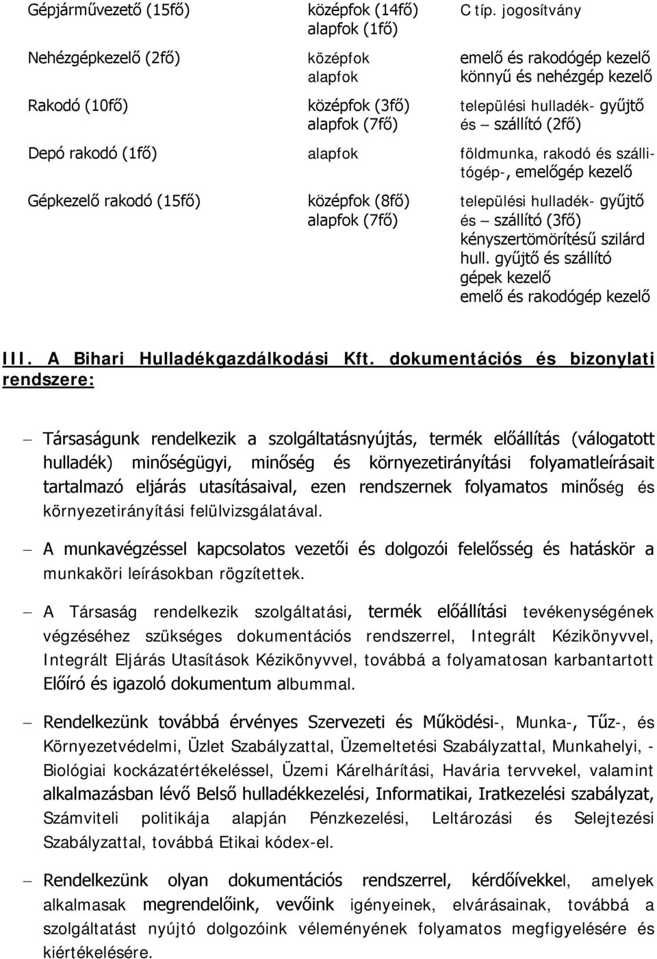 (2fő) Depó rakodó (1fő) alapfok földmunka, rakodó és szállitógép-, emelőgép kezelő Gépkezelő rakodó (15fő) középfok (8fő) települési hulladék- gyűjtő alapfok (7fő) és szállító (3fő)