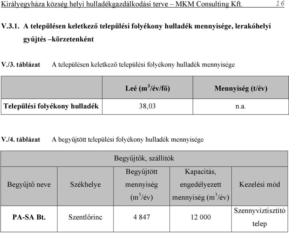 táblázat A településen keletkező települési folyékony hulladék mennyisége Leé (m 3 /év/fő) Mennyiség (t/év) Települési folyékony hulladék 38,03 n.a. V.