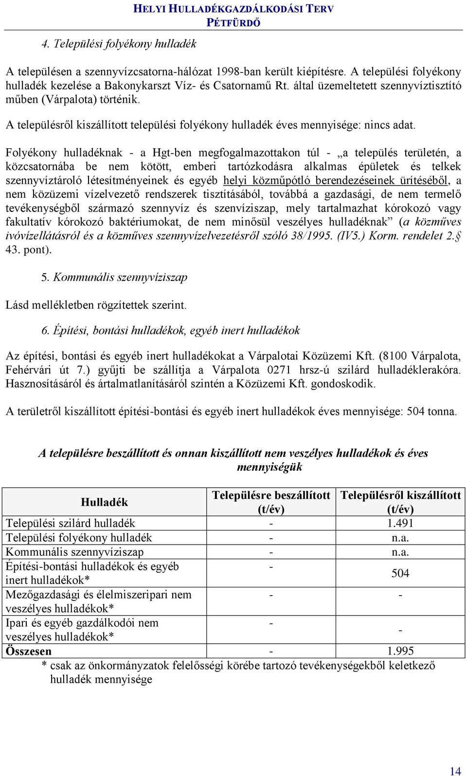 A településről kiszállított települési folyékony hulladék éves mennyisége: nincs adat.