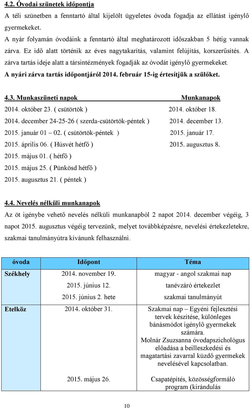 A zárva tartás ideje alatt a társintézmények fogadják az óvodát igénylő gyermekeket. A nyári zárva tartás időpontjáról 2014. február 15-ig értesítjük a szülőket. 4.3.