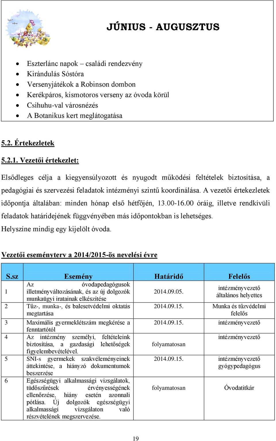 Vezetői értekezlet: Elsődleges célja a kiegyensúlyozott és nyugodt működési feltételek biztosítása, a pedagógiai és szervezési feladatok intézményi szintű koordinálása.