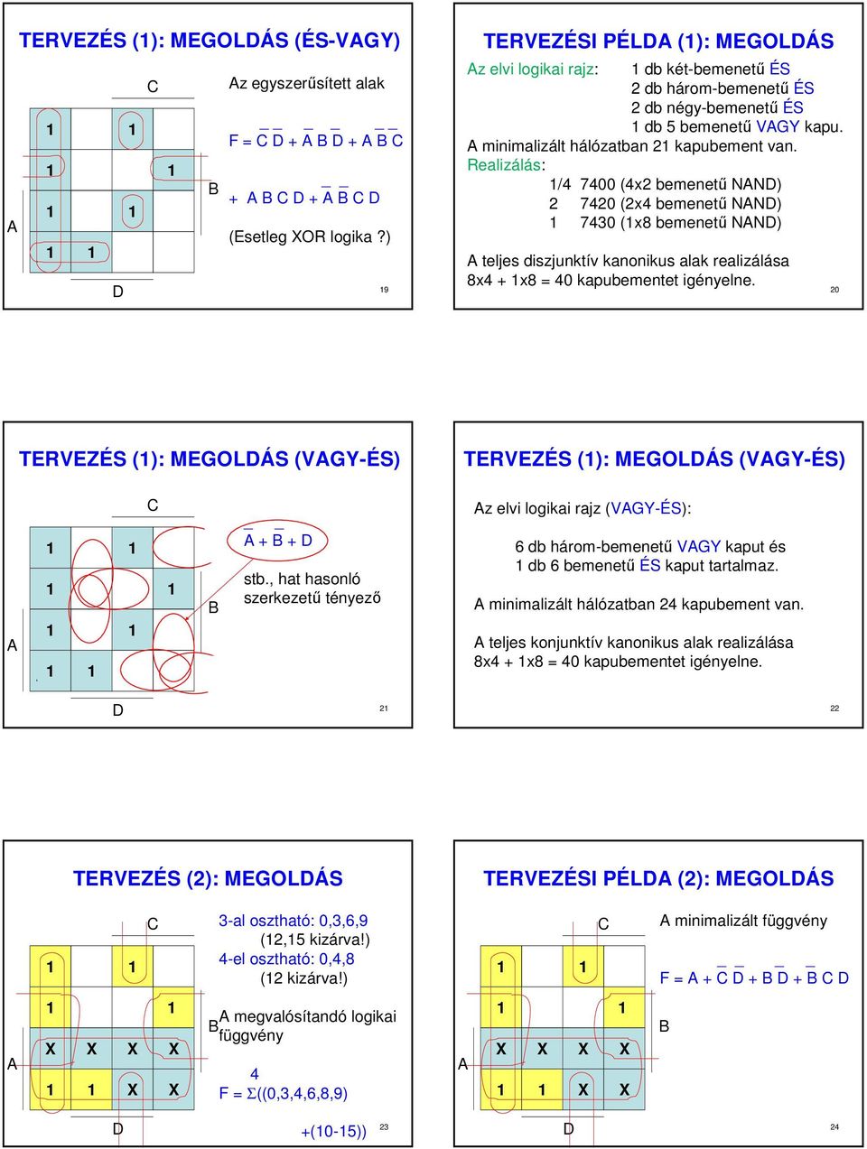 Realizálás: / 7 (x bemenető NN) 7 (x bemenető NN) 7 (x8 bemenető NN) teljes diszjunktív kanonikus alak realizálása 8x + x8 = kapubementet igényelne.